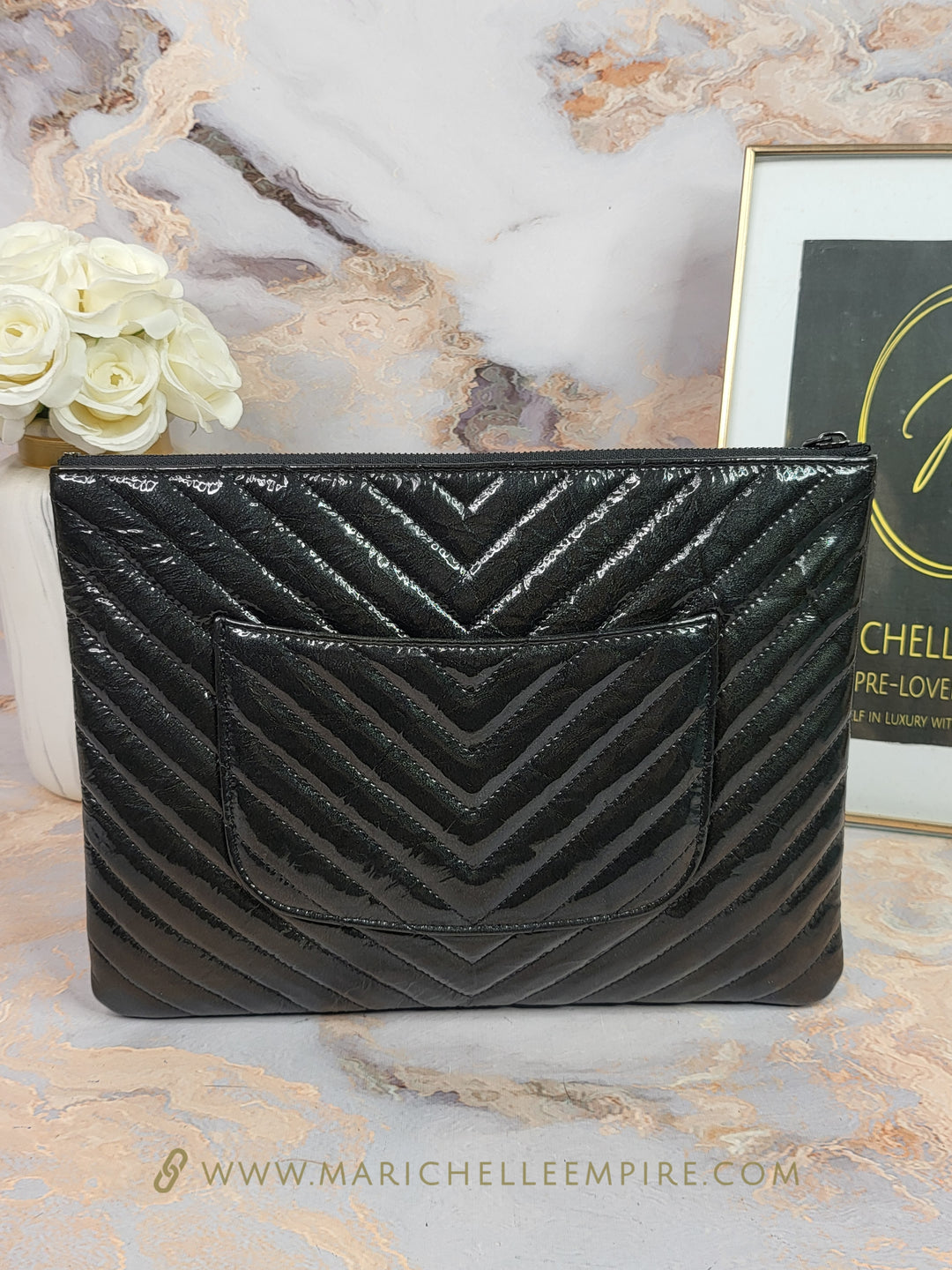 Chanel Patent Calfskin Chevron O Case Clutch