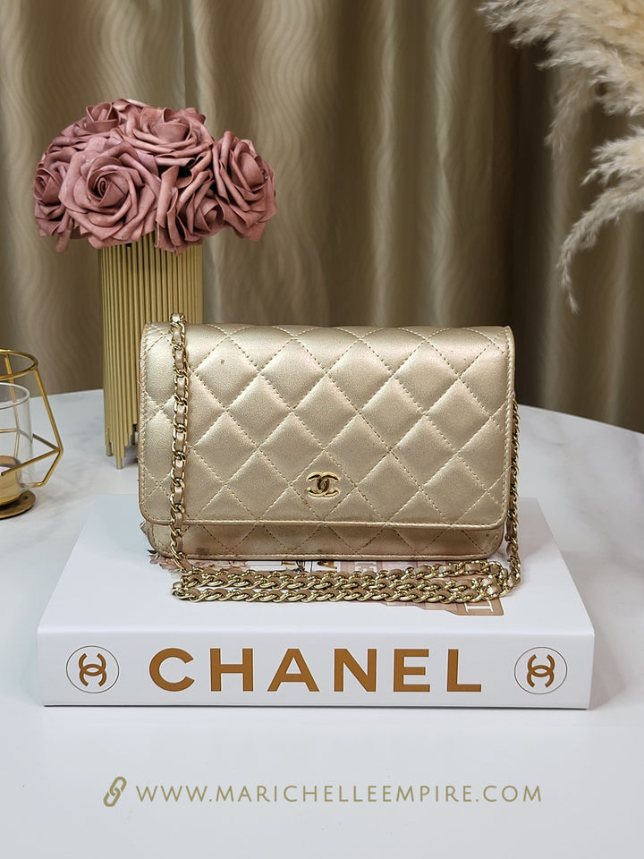 Chanel Lambskin Metallic Gold Wallet On Chain