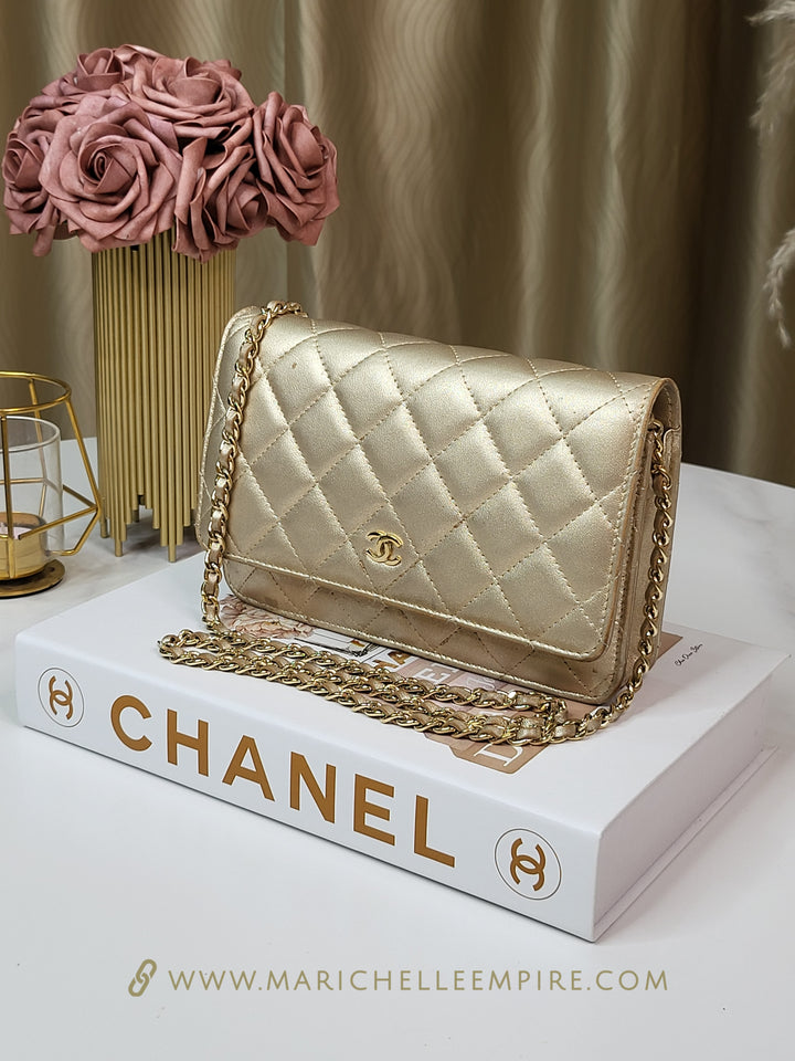 Chanel Lambskin Metallic Gold Wallet On Chain