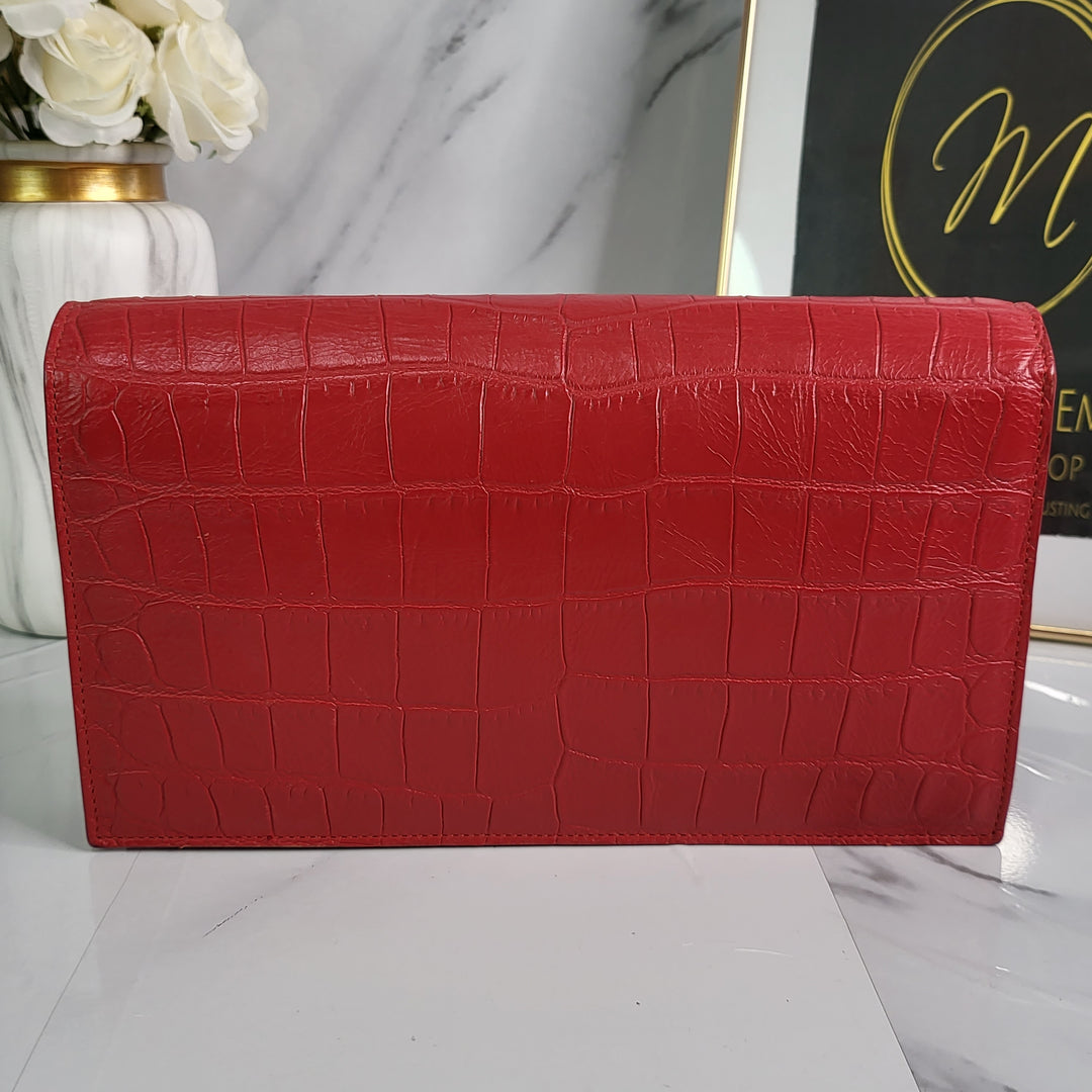 Saint Laurent Red Croc Embossed Kate Clutch - Marichelle's Empire 